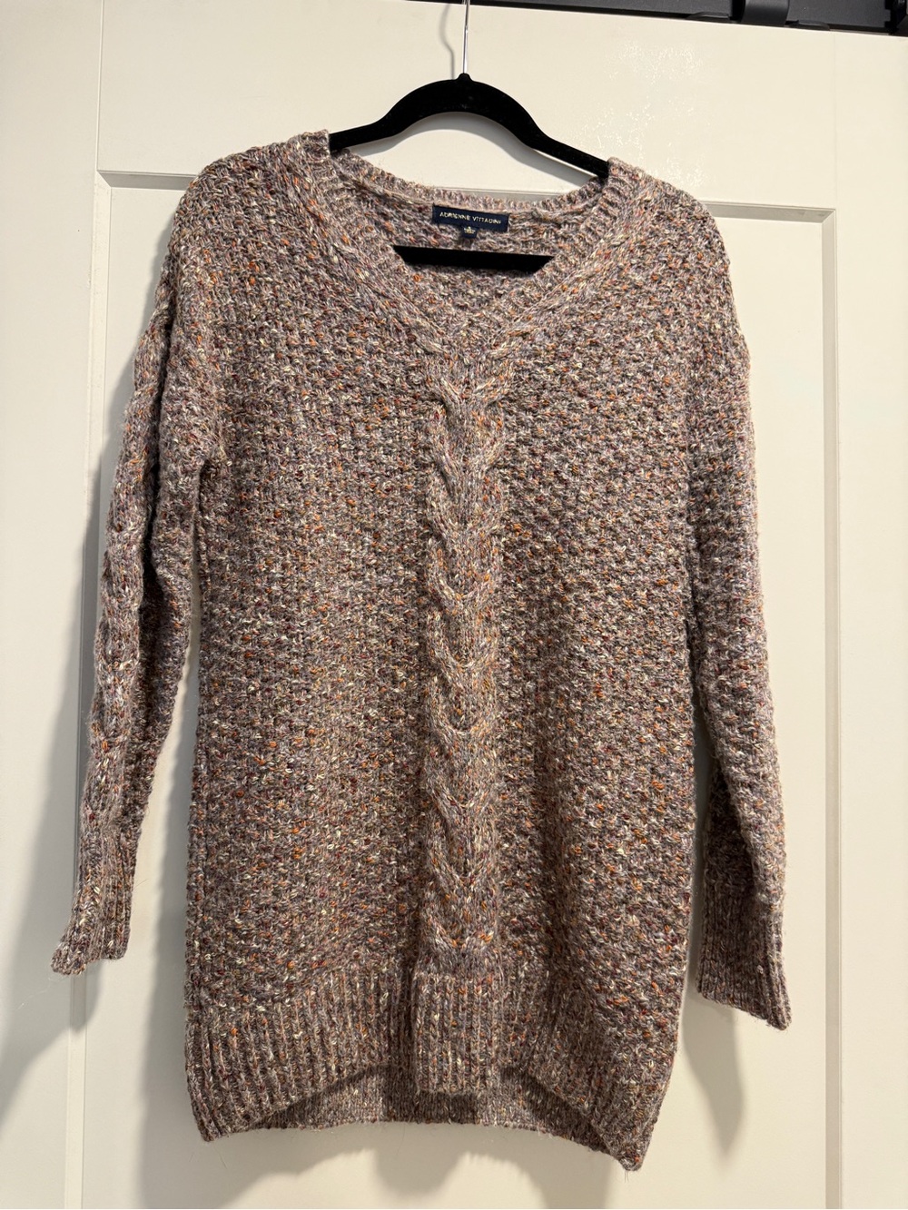Adrienne Vittadini Speckled Taupe Cable Crewneck Sweater